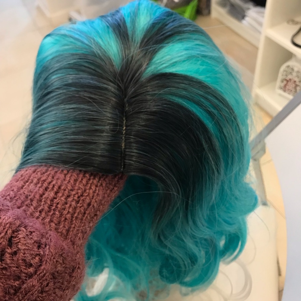 Human hair blend green mix blue with white wig - Picture 7 of 8